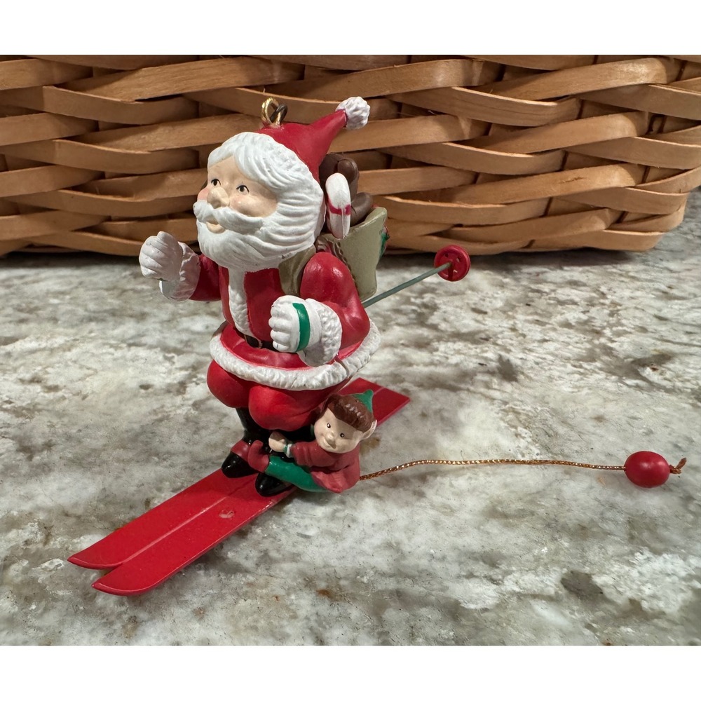 Vintage Style Santa Claus Skiing moving poles Christmas Ornament Red White